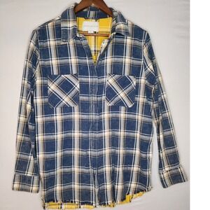 Paper Crane Women's Boyfriend Flannel‎ Zip up raw hem Blue/Yellow Small